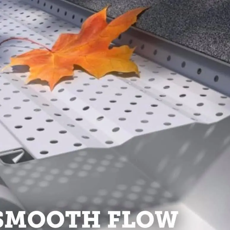 A leaf resting on a perforated gutter guard
